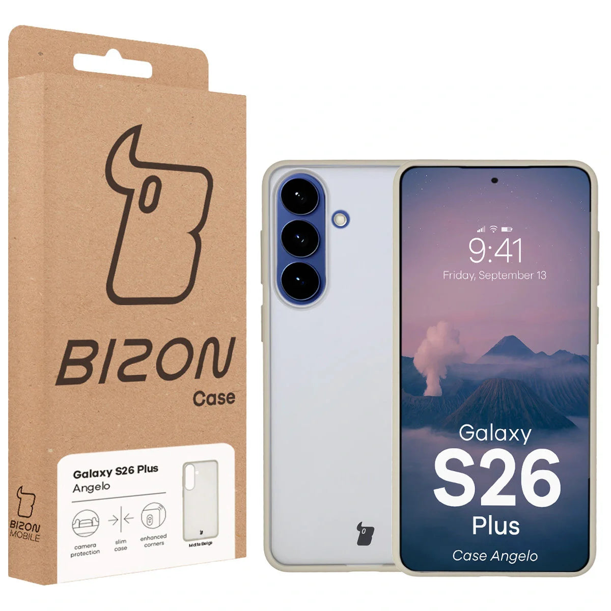 Handyhülle für Galaxy S26 Plus, Bizon Case Angelo, Semitransparent mit beigem Rahmen