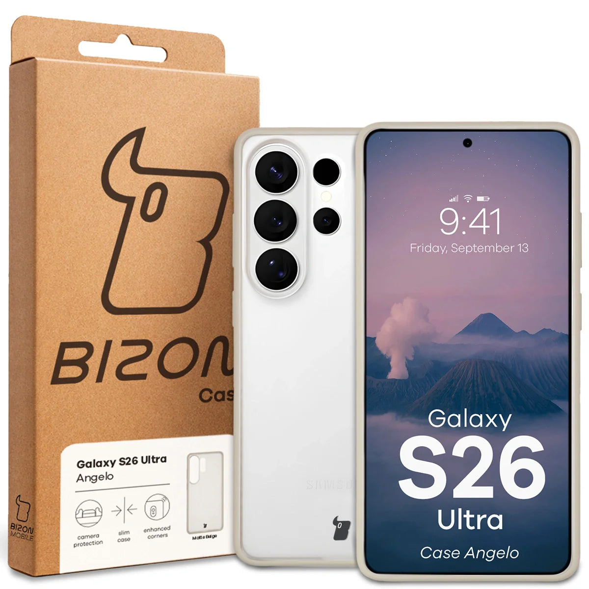 Handyhülle für Galaxy S26 Ultra, Bizon Case Angelo, Semitransparent mit beigem Rahmen
