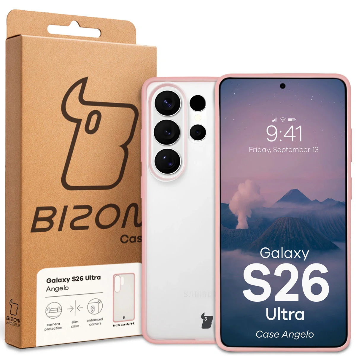 Handyhülle für Galaxy S26 Ultra, Bizon Case Angelo, Semitransparent mit hellrosa Rahmen