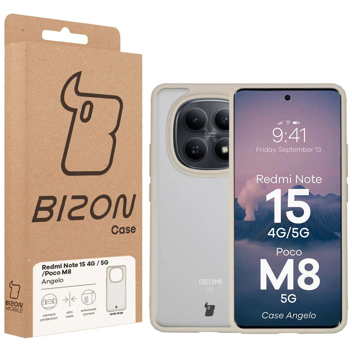 Handyhülle für Xiaomi Redmi Note 15 / POCO M8 5G, Bizon Case Angelo, Semitransparent mit beigem Rahmen