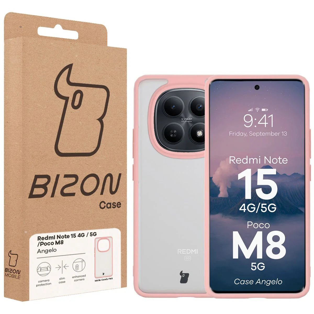 Handyhülle für Xiaomi Redmi Note 15 / POCO M8 5G, Bizon Case Angelo, Semitransparent mit hellrosa Rahmen