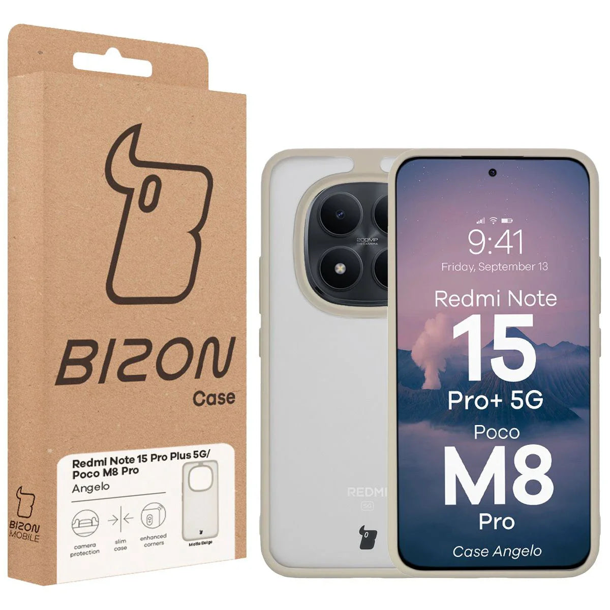 Handyhülle für Xiaomi Redmi Note 15 Pro Plus 5G / POCO M8 Pro 5G, Bizon Case Angelo, Semitransparent mit beigem Rahmen