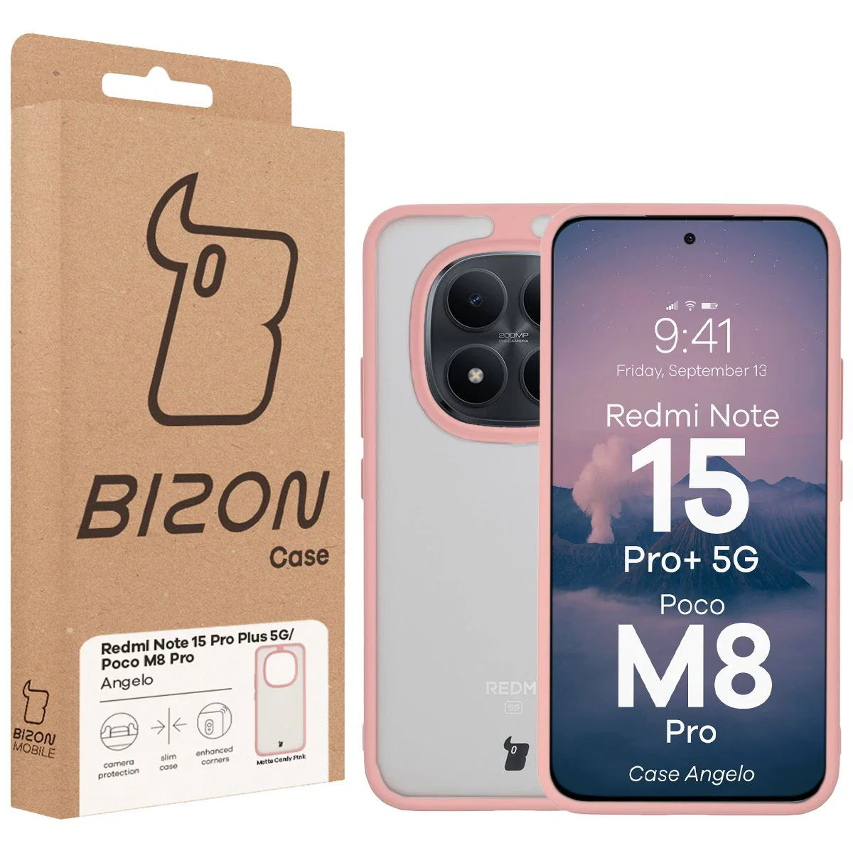 Handyhülle für Xiaomi Redmi Note 15 Pro Plus 5G / POCO M8 Pro 5G, Bizon Case Angelo, Semitransparent mit hellrosa Rahmen