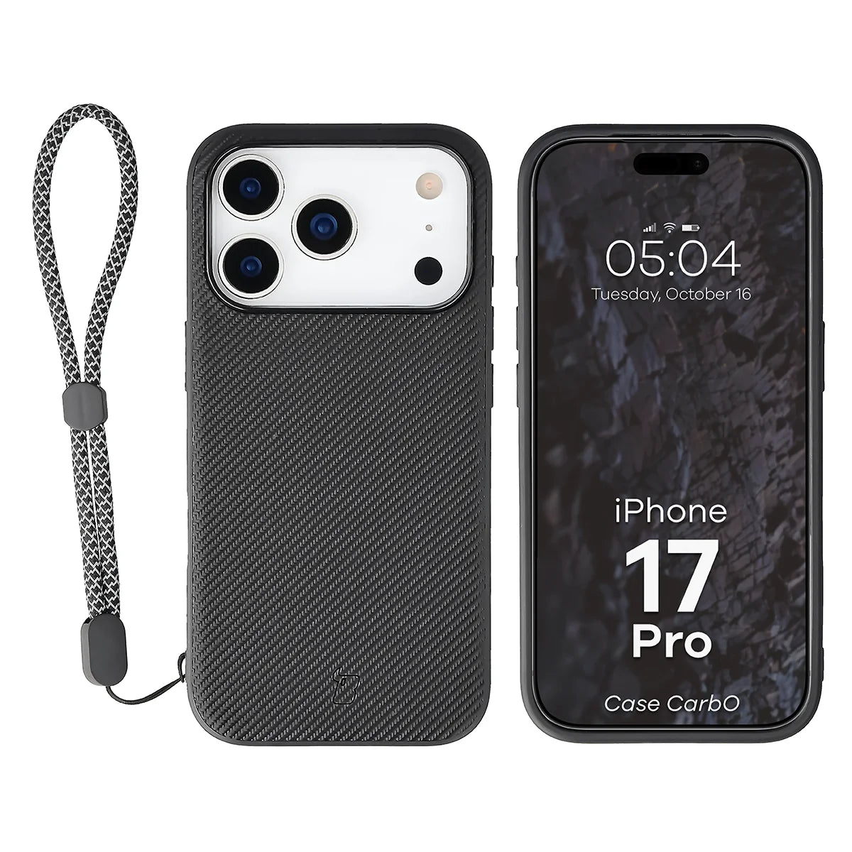 Hülle mit Handgelenkband für iPhone 17 Pro, Bizon Case CarbO, Schwarz
