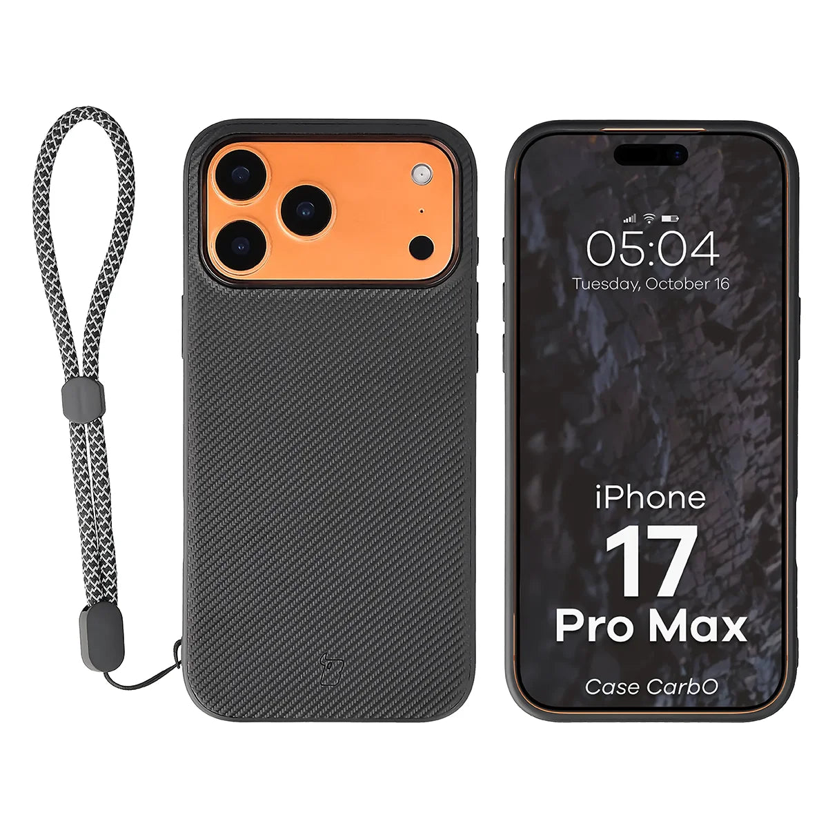 Hülle mit Handgelenkband für iPhone 17 Pro Max, Bizon Case CarbO, Schwarz