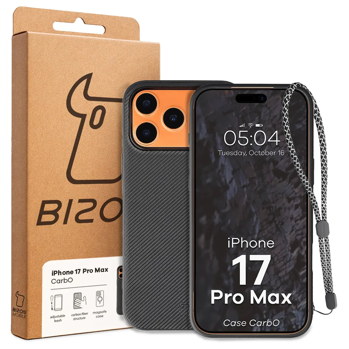 Hülle mit Handgelenkband für iPhone 17 Pro Max, Bizon Case CarbO, Schwarz