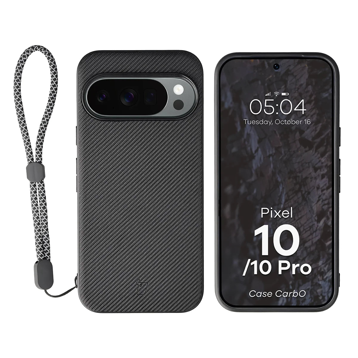 Hülle mit Handgelenkband für Google Pixel 10 / 10 Pro, Bizon Case CarbO, Schwarz