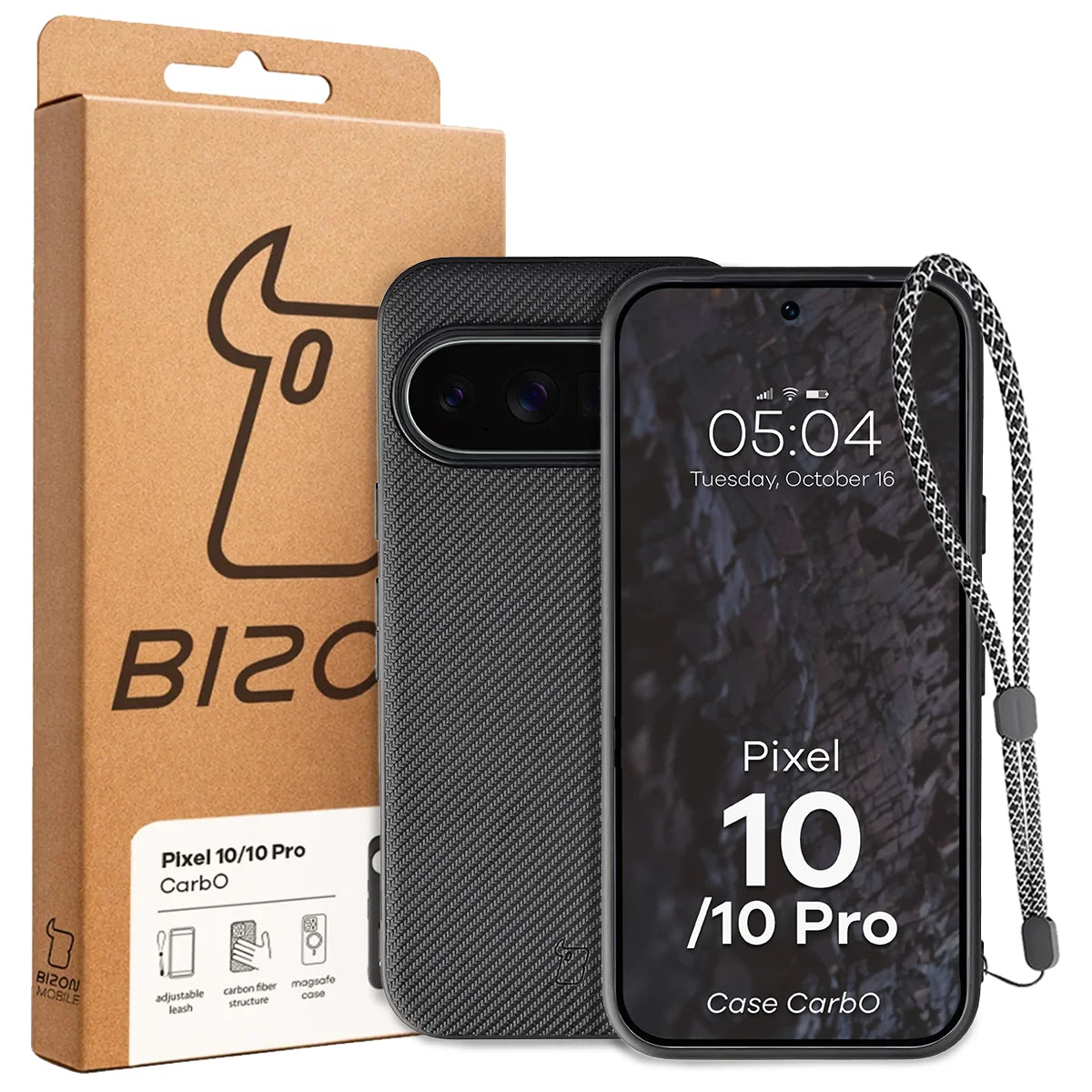 Hülle mit Handgelenkband für Google Pixel 10 / 10 Pro, Bizon Case CarbO, Schwarz