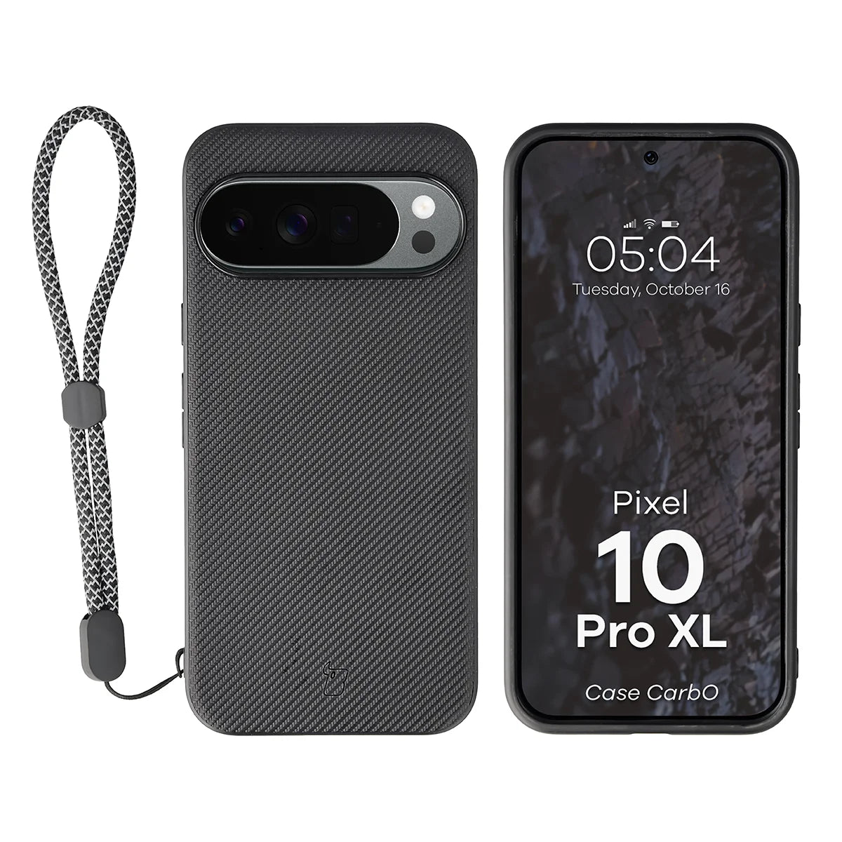 Hülle mit Handgelenkband für Google Pixel 10 Pro XL, Bizon Case CarbO, Schwarz