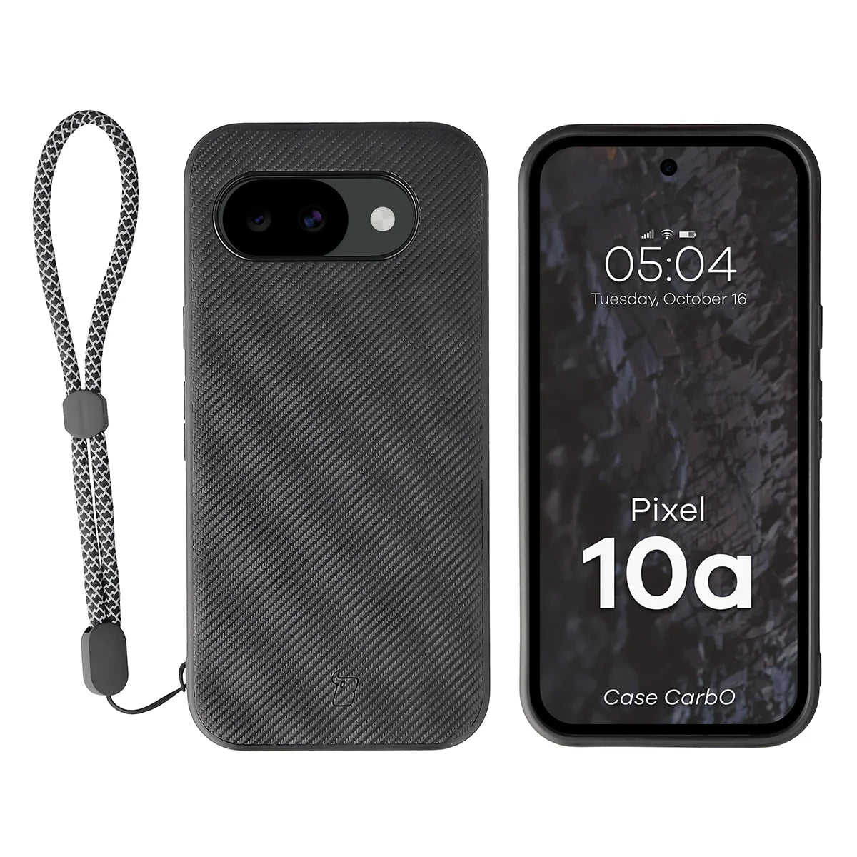 Hülle mit Handgelenkband für Google Pixel 10a, Bizon Case CarbO, Schwarz