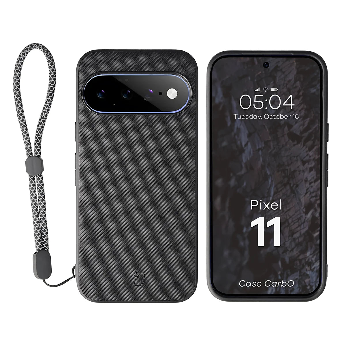 Hülle mit Handgelenkband für Google Pixel 11, Bizon Case CarbO, Schwarz