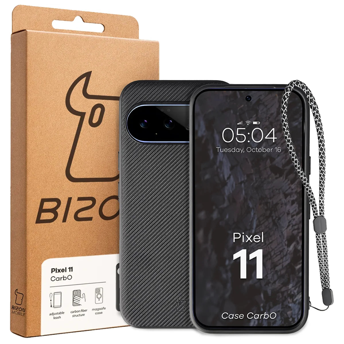 Hülle mit Handgelenkband für Google Pixel 11, Bizon Case CarbO, Schwarz