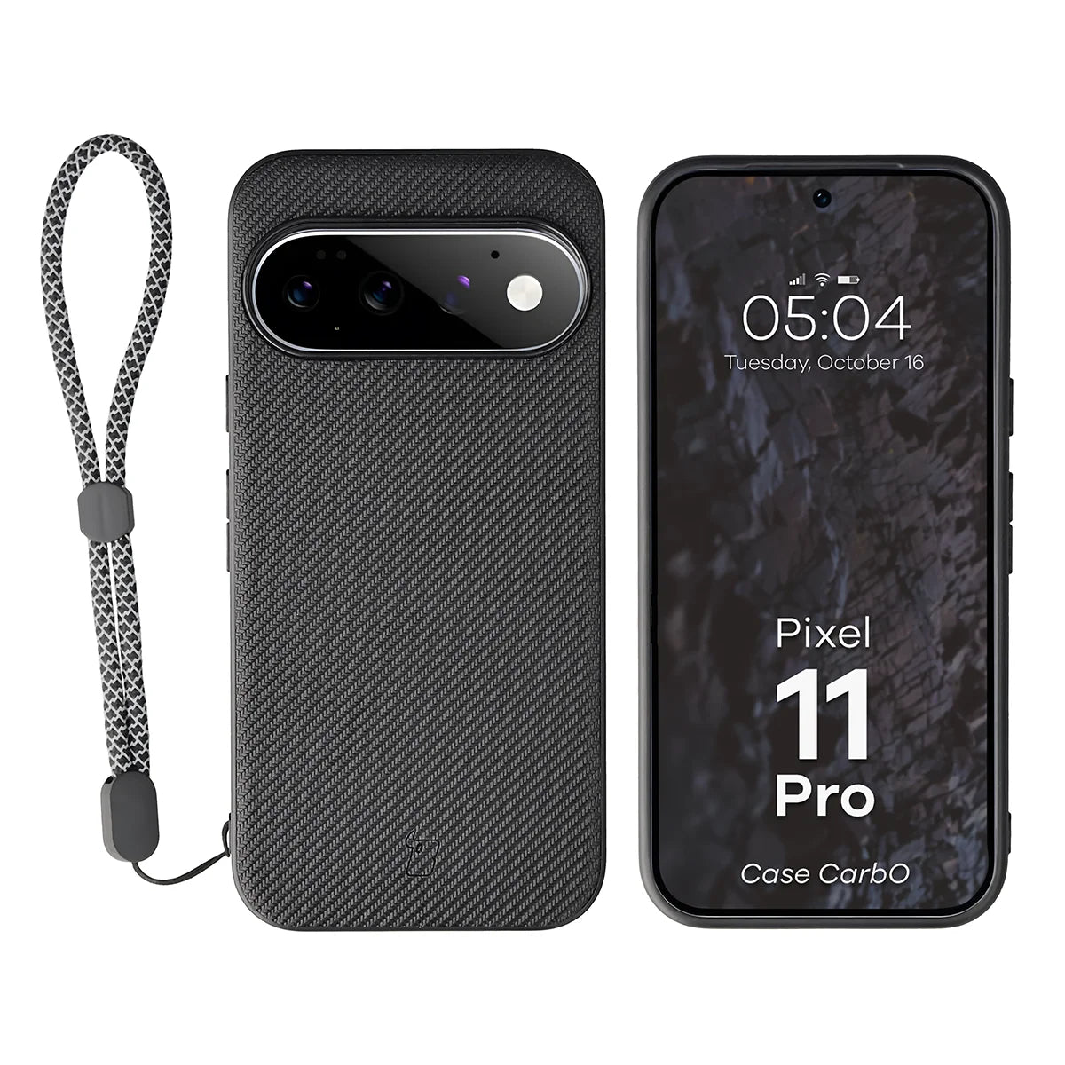 Hülle mit Handgelenkband für Google Pixel 11 Pro, Bizon Case CarbO, Schwarz