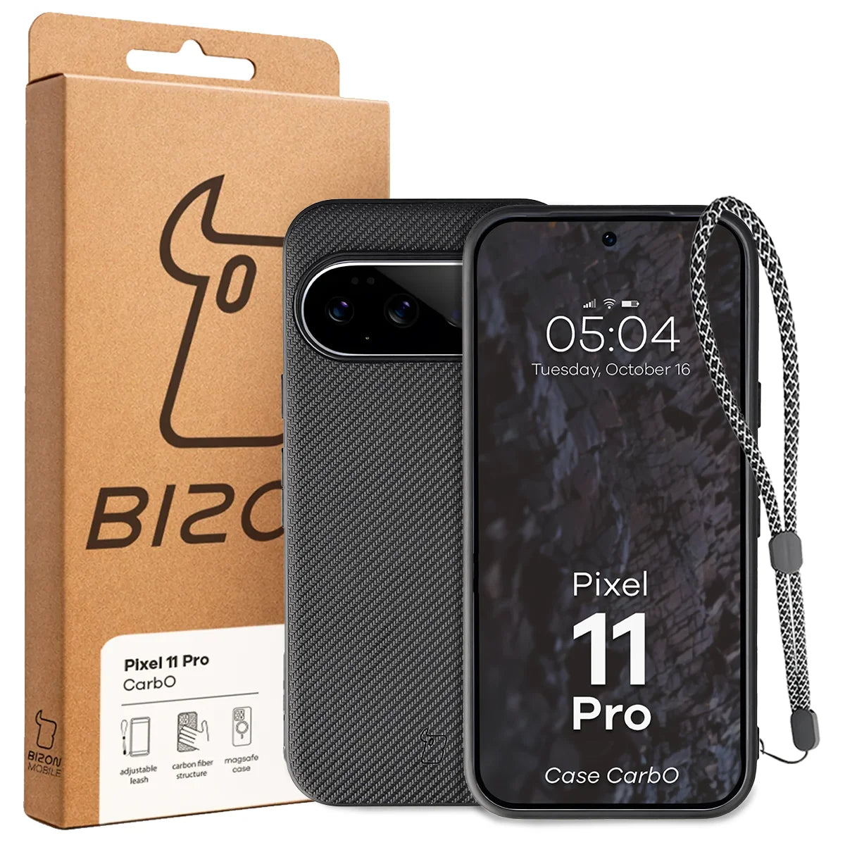 Hülle mit Handgelenkband für Google Pixel 11 Pro, Bizon Case CarbO, Schwarz