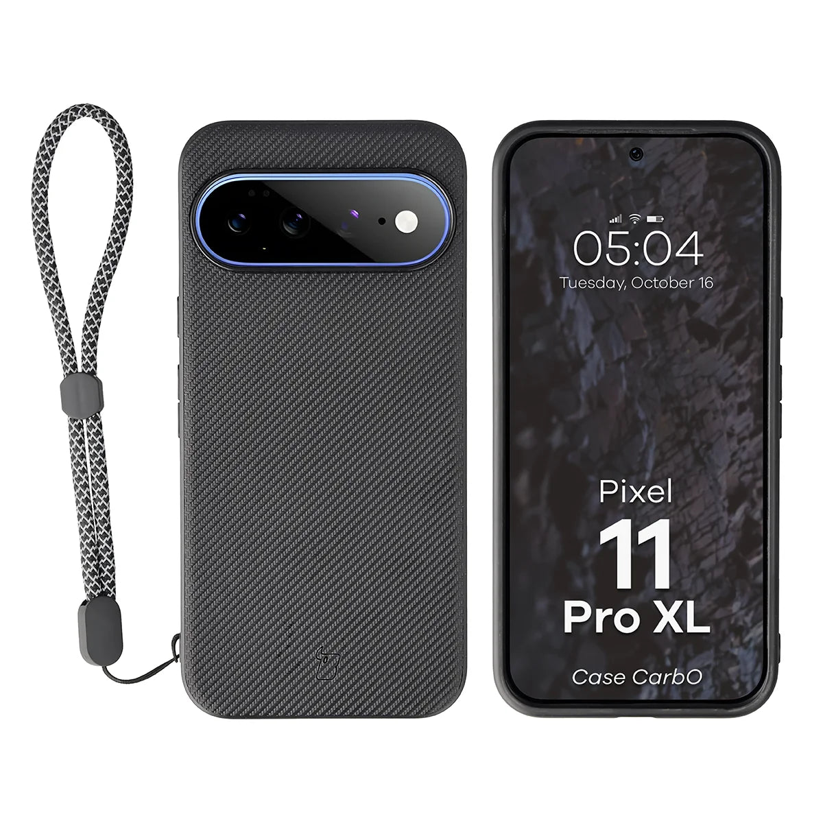 Hülle mit Handgelenkband für Google Pixel 11 Pro XL, Bizon Case CarbO, Schwarz