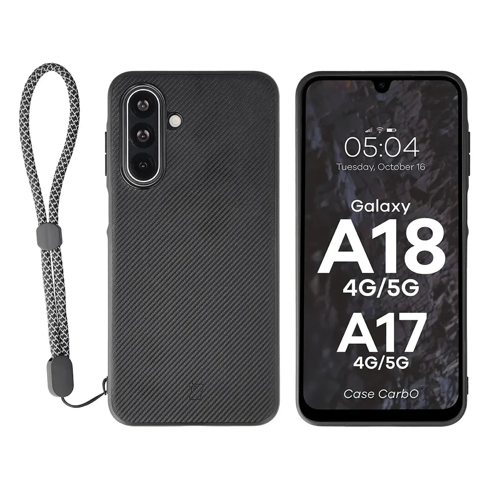 Hülle mit Handgelenkband für Galaxy A18 4G/5G / A17 4G/5G, Bizon Case CarbO, Schwarz (1/6)