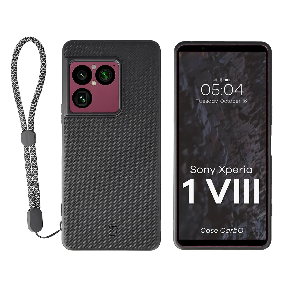 Hülle mit Handgelenkband für Sony Xperia 1 VIII, Bizon Case CarbO, Schwarz