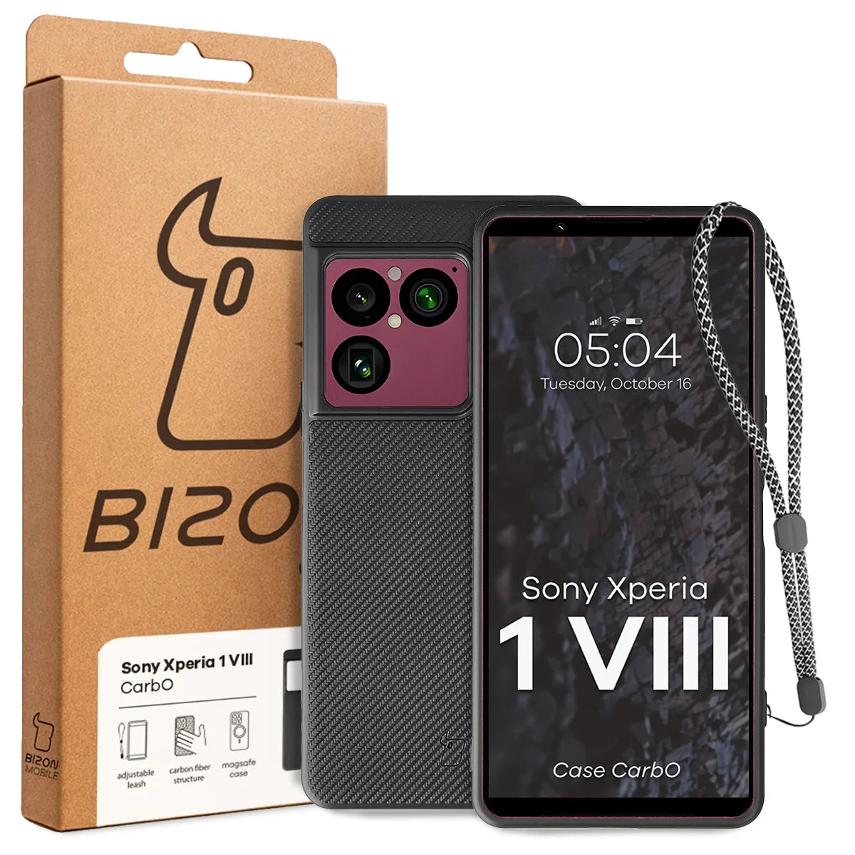 Hülle mit Handgelenkband für Sony Xperia 1 VIII, Bizon Case CarbO, Schwarz