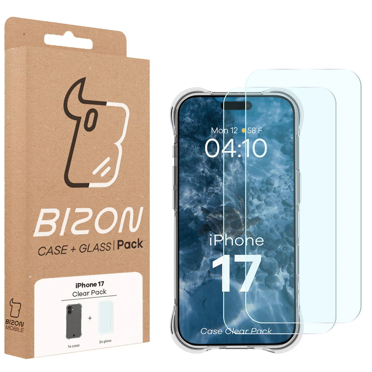 Schutzhülle + 2x gehärtetes Glas für iPhone 17, Bizon Case Clear Pack, Transparent
