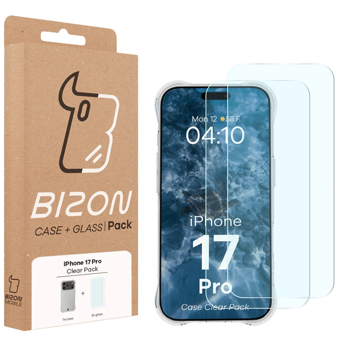 Schutzhülle + 2x gehärtetes Glas für iPhone 17 Pro, Bizon Case Clear Pack, Transparent