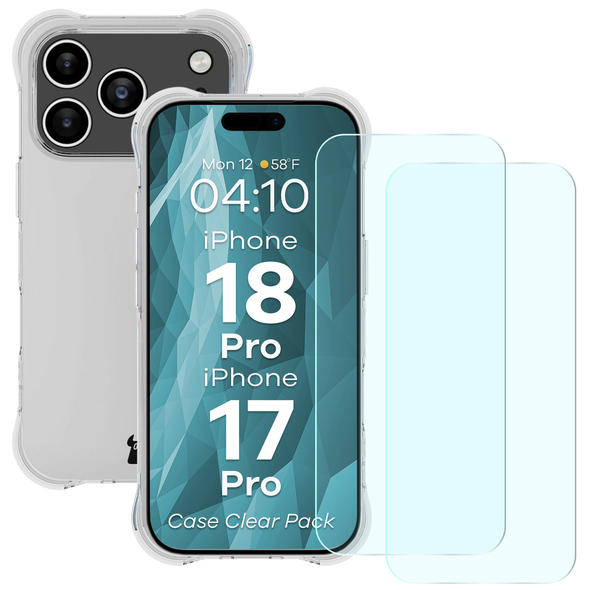 Schutzhülle + 2x gehärtetes Glas für iPhone 18 Pro / 17 Pro, Bizon Case Clear Pack, Transparent (1/9)