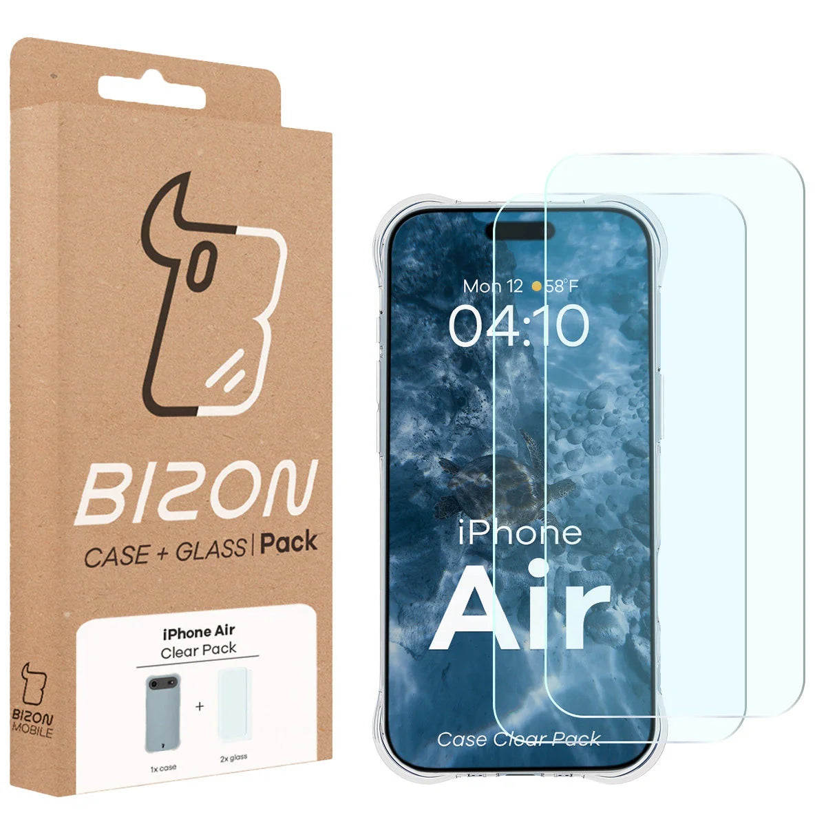 Schutzhülle + 2x gehärtetes Glas für iPhone Air, Bizon Case Clear Pack, Transparent