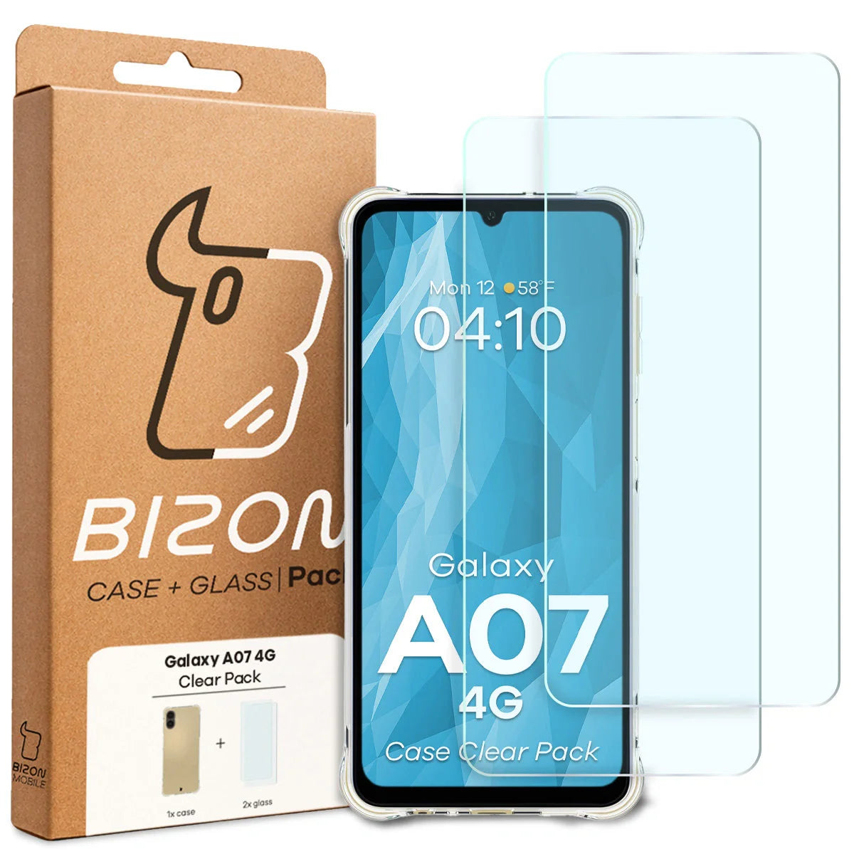 Schutzhülle + 2x gehärtetes Glas für Galaxy A07 4G, Bizon Case Clear Pack, Transparent