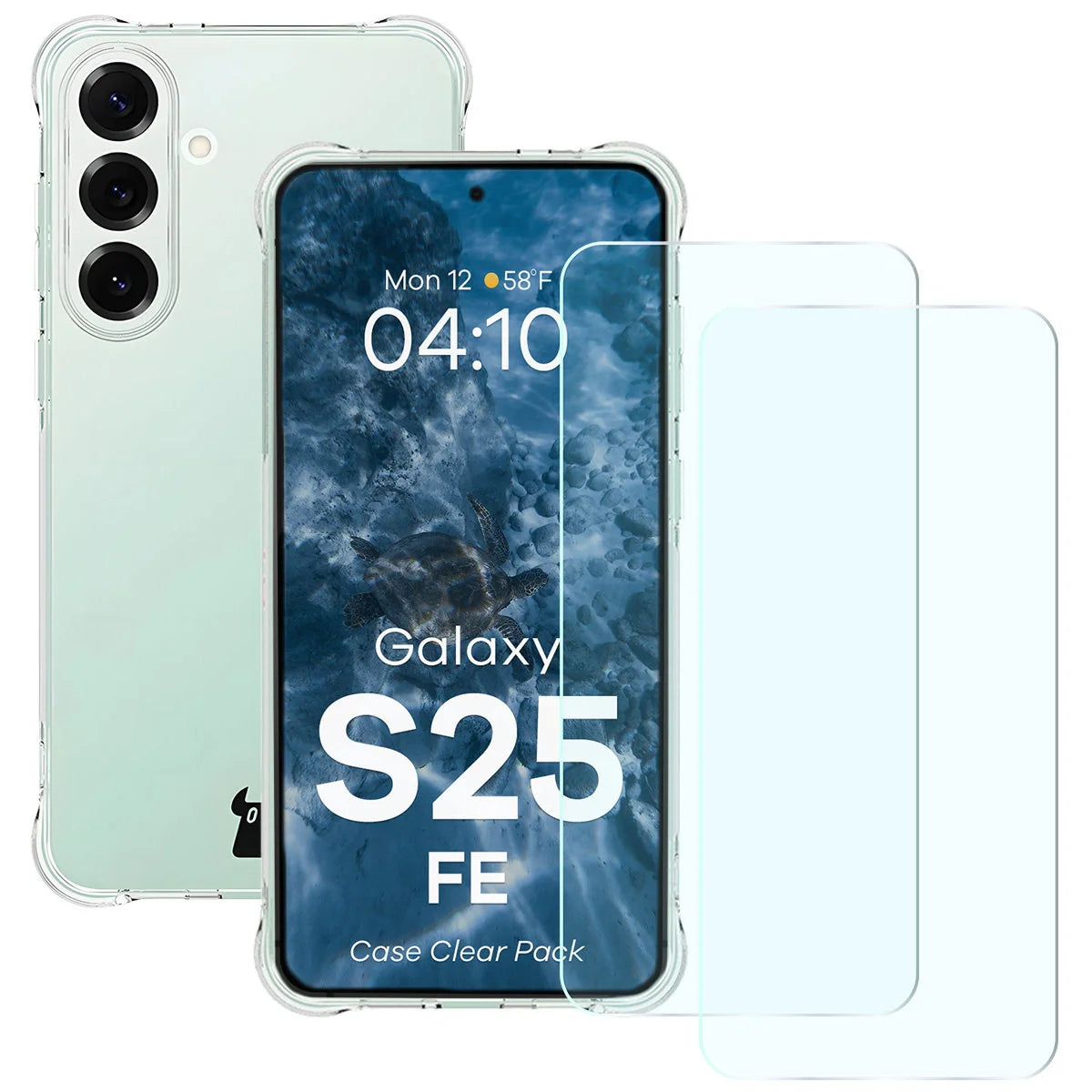 Schutzhülle + 2x gehärtetes Glas für Galaxy S25 FE, Bizon Case Clear Pack, Transparent