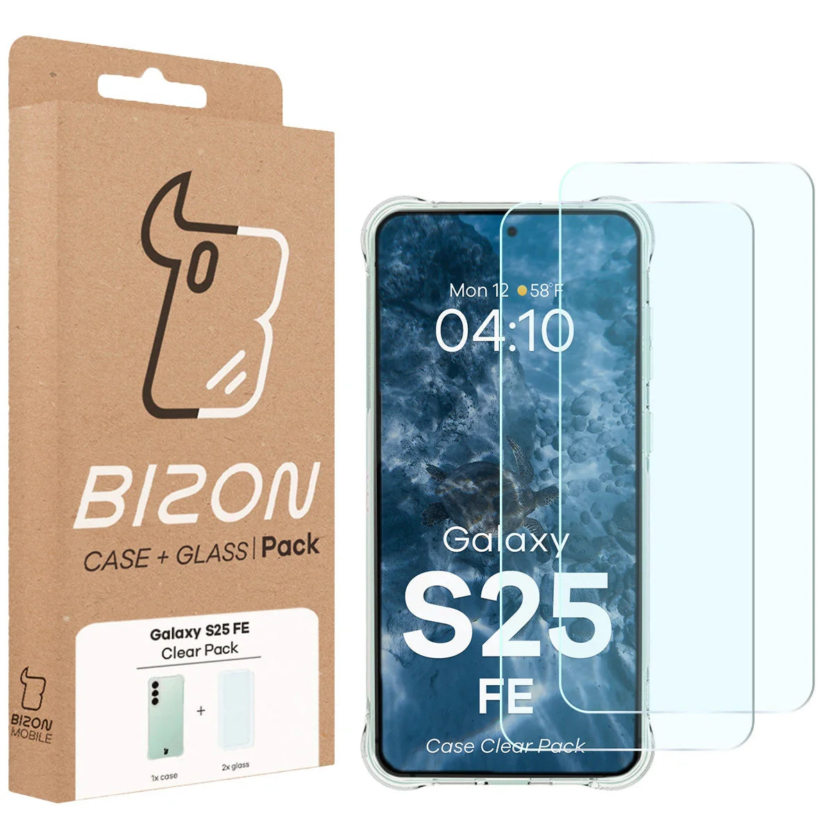 Schutzhülle + 2x gehärtetes Glas für Galaxy S25 FE, Bizon Case Clear Pack, Transparent