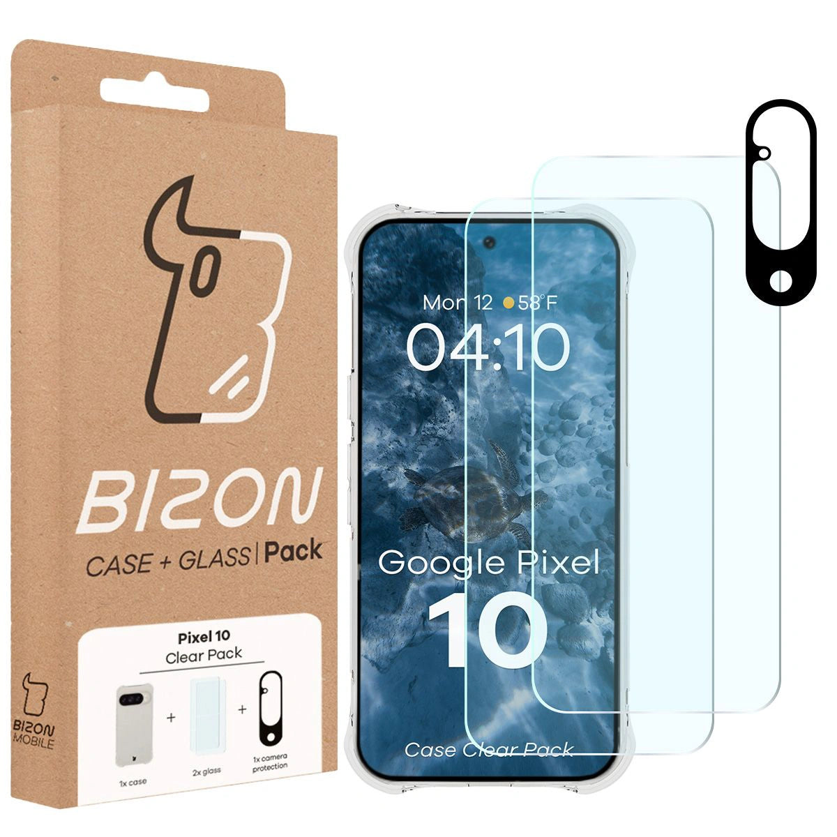 Schutzhülle + 2x gehärtetes Glas + Kameraschutz für Google Pixel 10, Bizon Case Clear Pack, Transparent