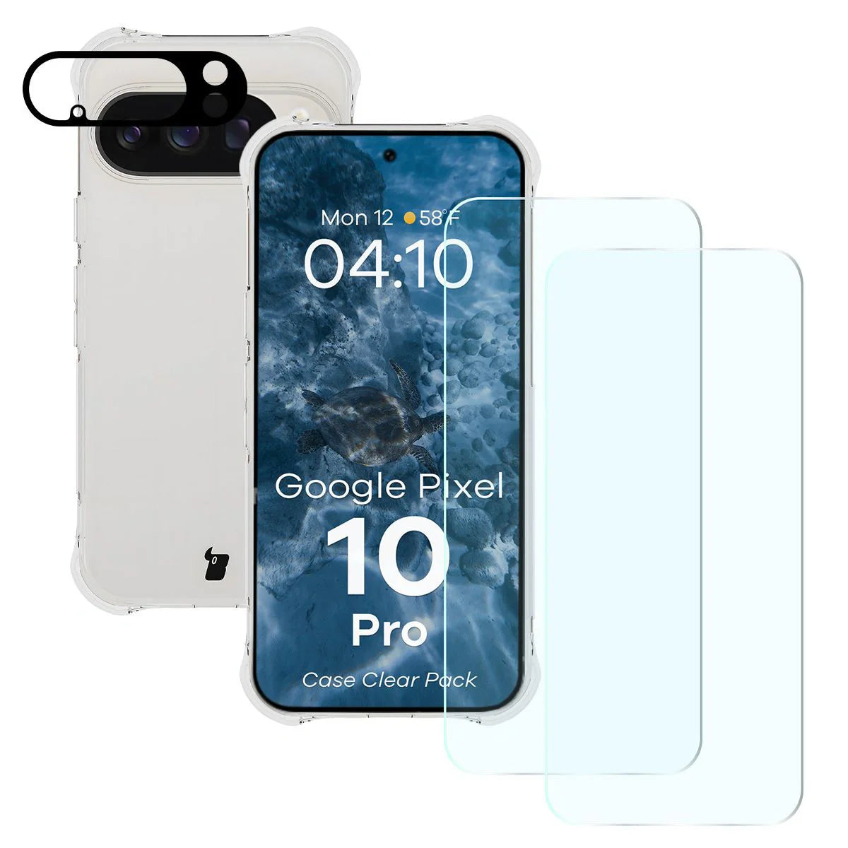 Schutzhülle + 2x gehärtetes Glas + Kameraschutz für Google Pixel 10 Pro, Bizon Case Clear Pack, Transparent
