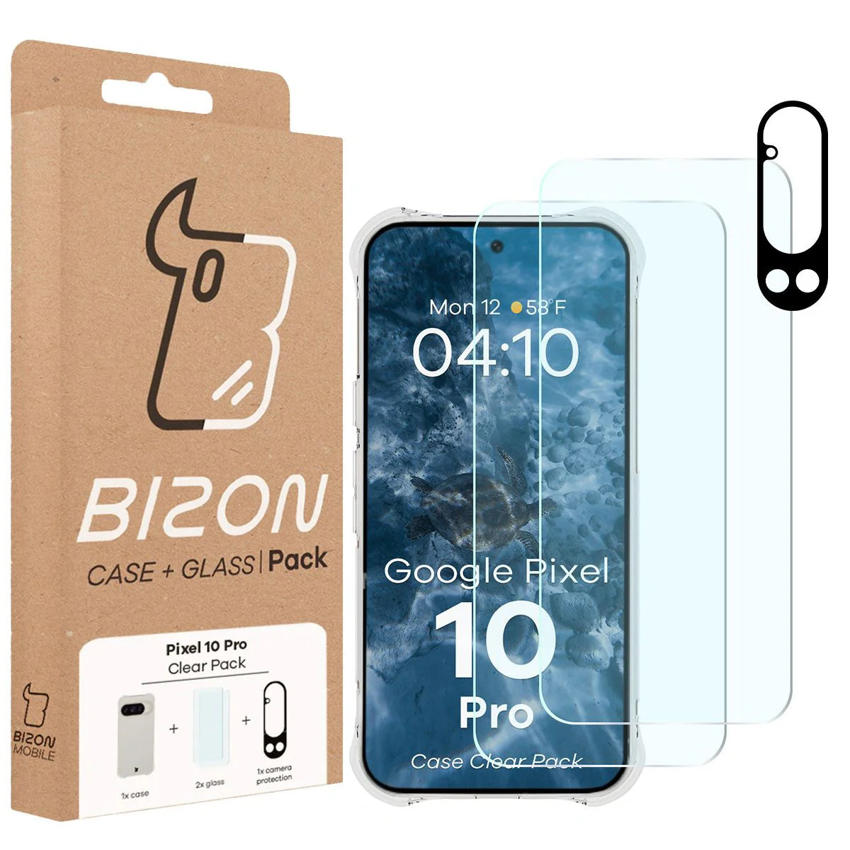 Schutzhülle + 2x gehärtetes Glas + Kameraschutz für Google Pixel 10 Pro, Bizon Case Clear Pack, Transparent