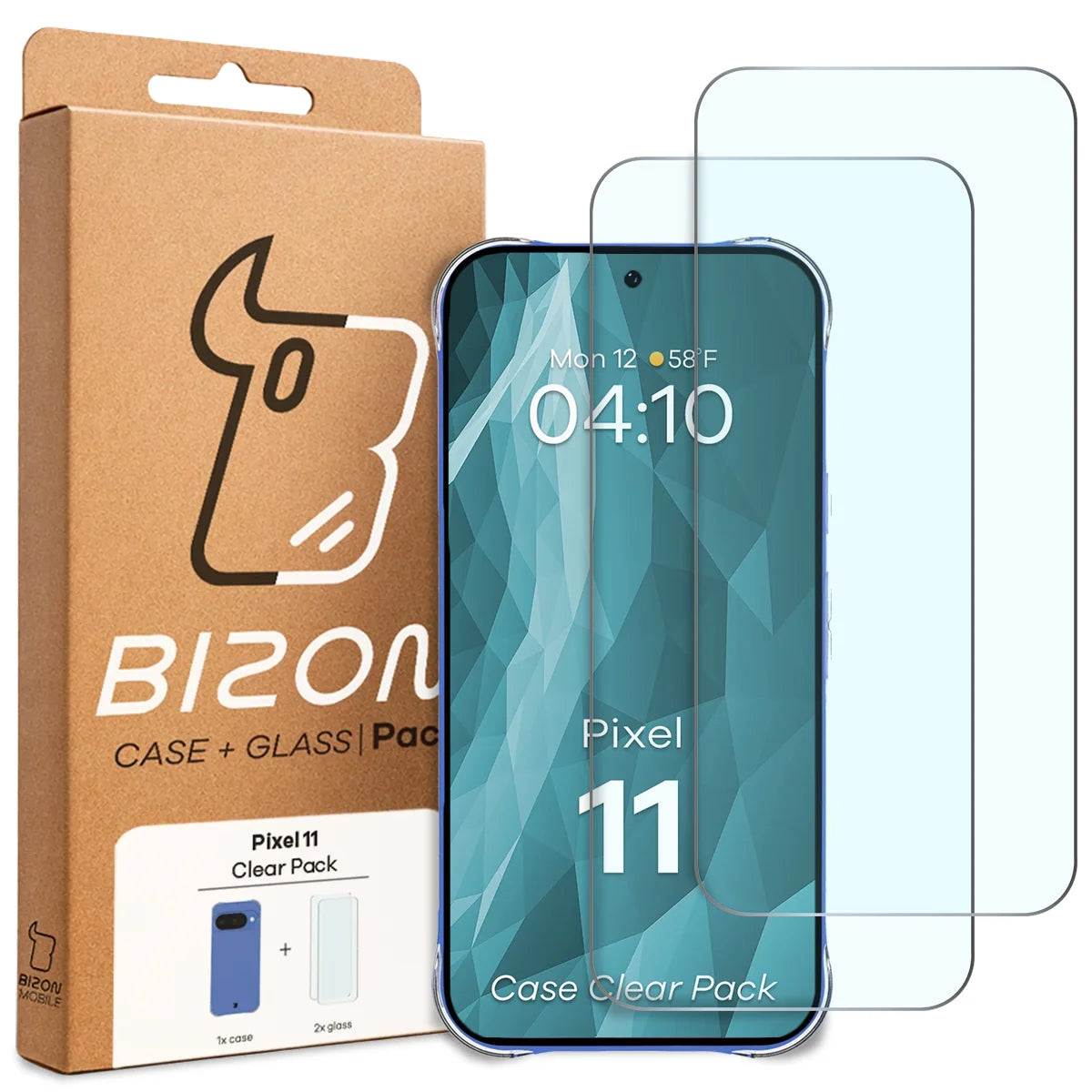 Schutzhülle + 2x gehärtetes Glas für Google Pixel 11, Bizon Case Clear Pack, Transparent
