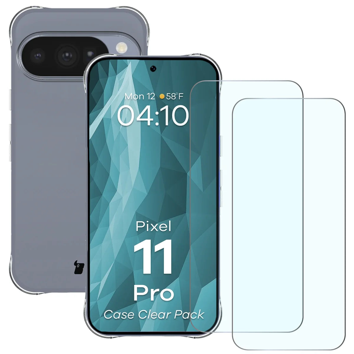 Schutzhülle + 2x gehärtetes Glas für Google Pixel 11 Pro, Bizon Case Clear Pack, Transparent
