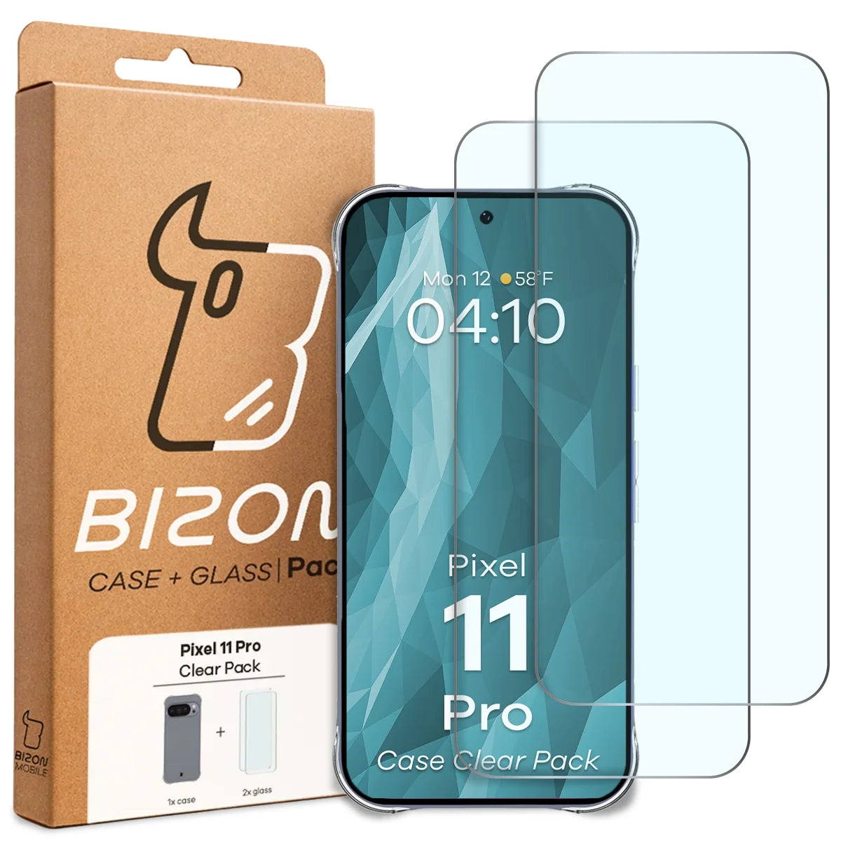 Schutzhülle + 2x gehärtetes Glas für Google Pixel 11 Pro, Bizon Case Clear Pack, Transparent