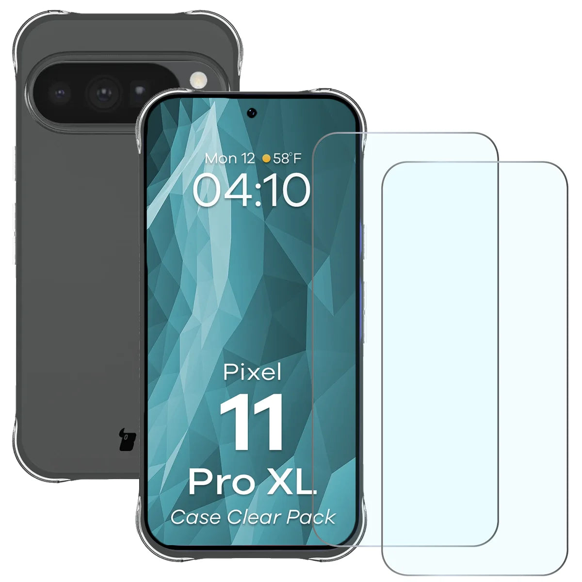 Schutzhülle + 2x gehärtetes Glas für Google Pixel 11 Pro XL, Bizon Case Clear Pack, Transparent
