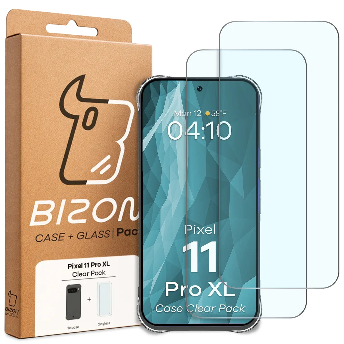 Schutzhülle + 2x gehärtetes Glas für Google Pixel 11 Pro XL, Bizon Case Clear Pack, Transparent