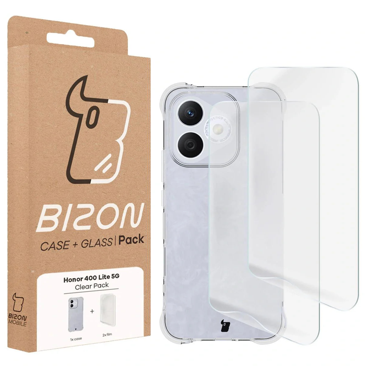 Handyhülle + 2x Folie für Honor 400 Lite, Bizon Case Clear Pack, Transparent