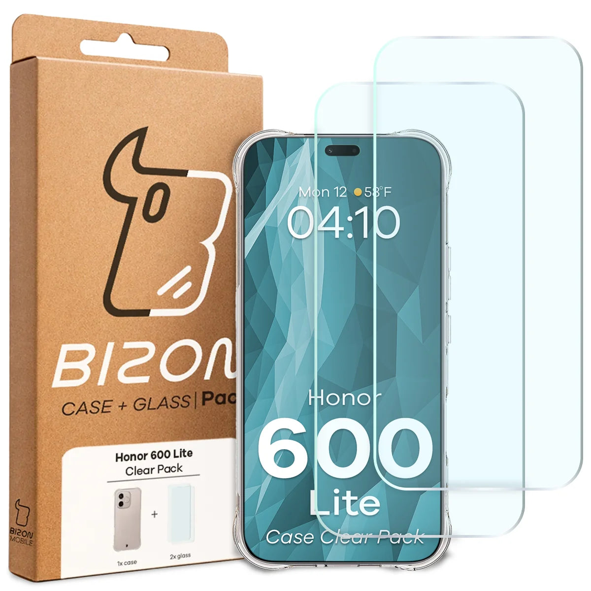 Schutzhülle + 2x gehärtetes Glas für Honor 600 Lite 5G, Bizon Case Clear Pack, Transparent