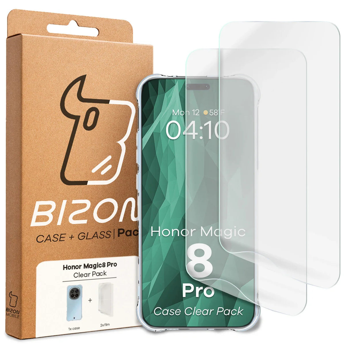 Handyhülle + 2x Folie für Honor Magic8 Pro, Bizon Case Clear Pack, Transparent