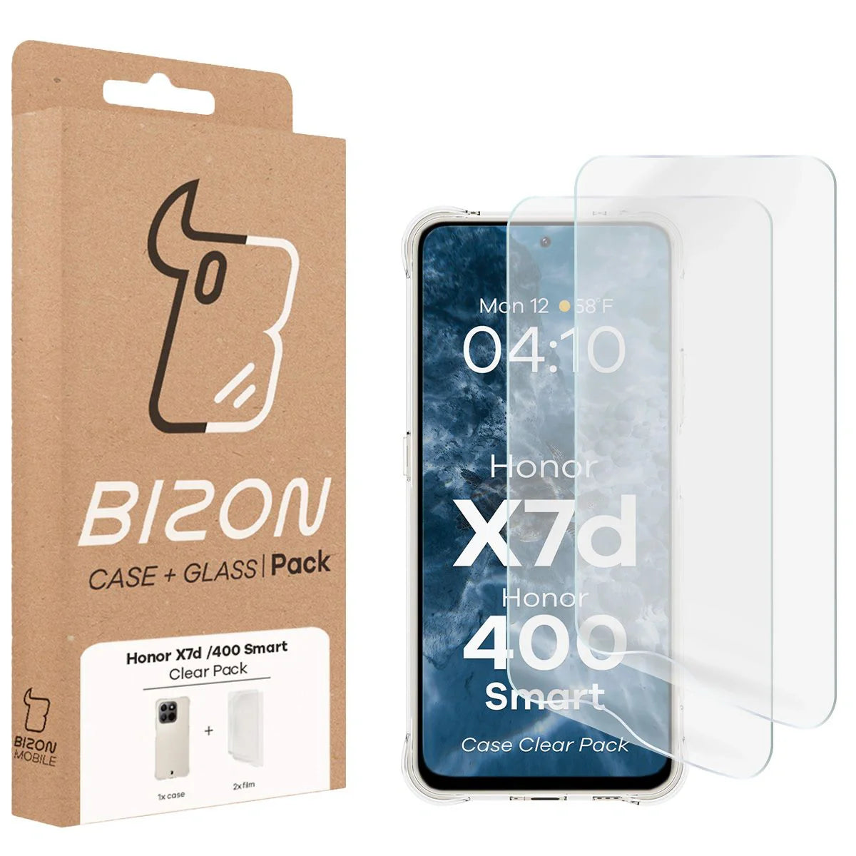 Handyhülle + 2x Folie für Honor X7d / Honor 400 Smart, Bizon Case Clear Pack, Transparent