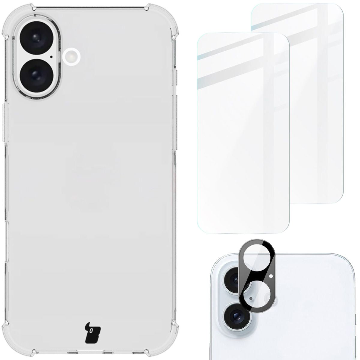 Schutzhülle + 2x gehärtetes Glas + Kameraschutz für iPhone 16 Plus, Bizon Case Clear Pack, Transparent