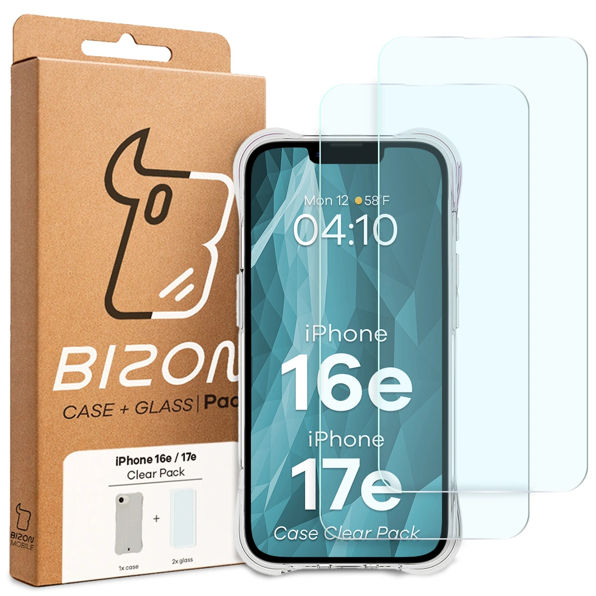Schutzhülle + 2x gehärtetes Glas für iPhone 17e / 16e, Bizon Case Clear Pack, Transparent
