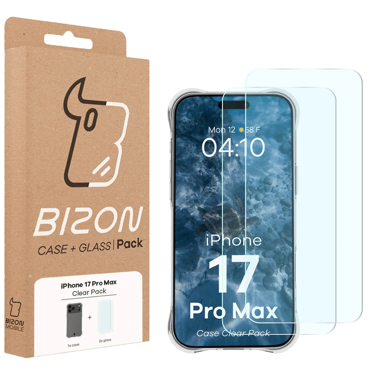 Schutzhülle + 2x gehärtetes Glas für iPhone 17 Pro Max, Bizon Case Clear Pack, Transparent