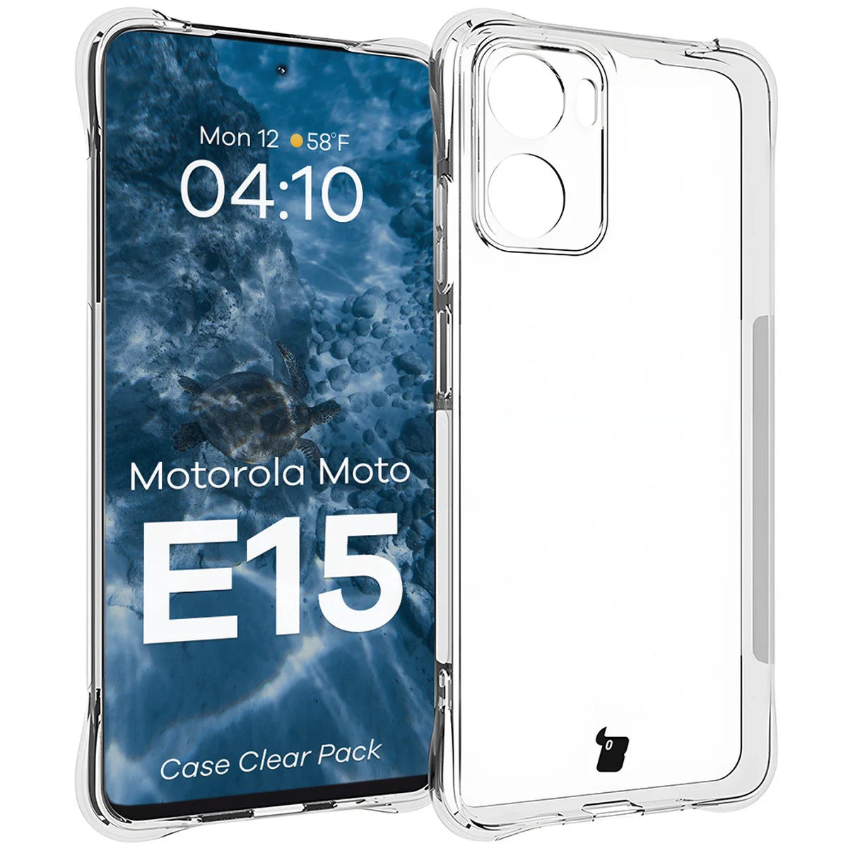 Schutzhülle + 2x gehärtetes Glas für Motorola Moto E15, Bizon Case Clear Pack, Transparent
