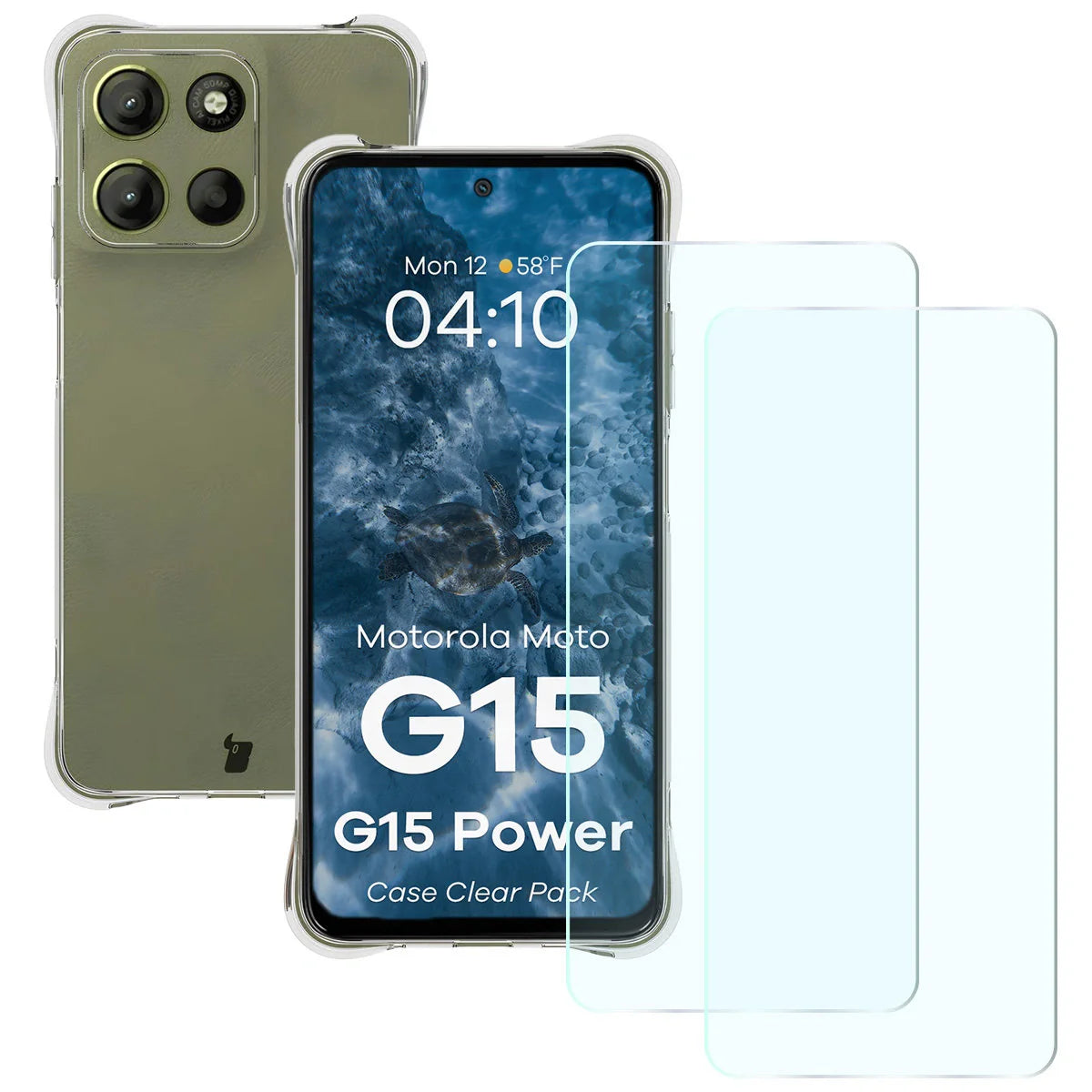 Schutzhülle + 2x gehärtetes Glas für Motorola Moto G15 / Power, Bizon Case Clear Pack, Transparent