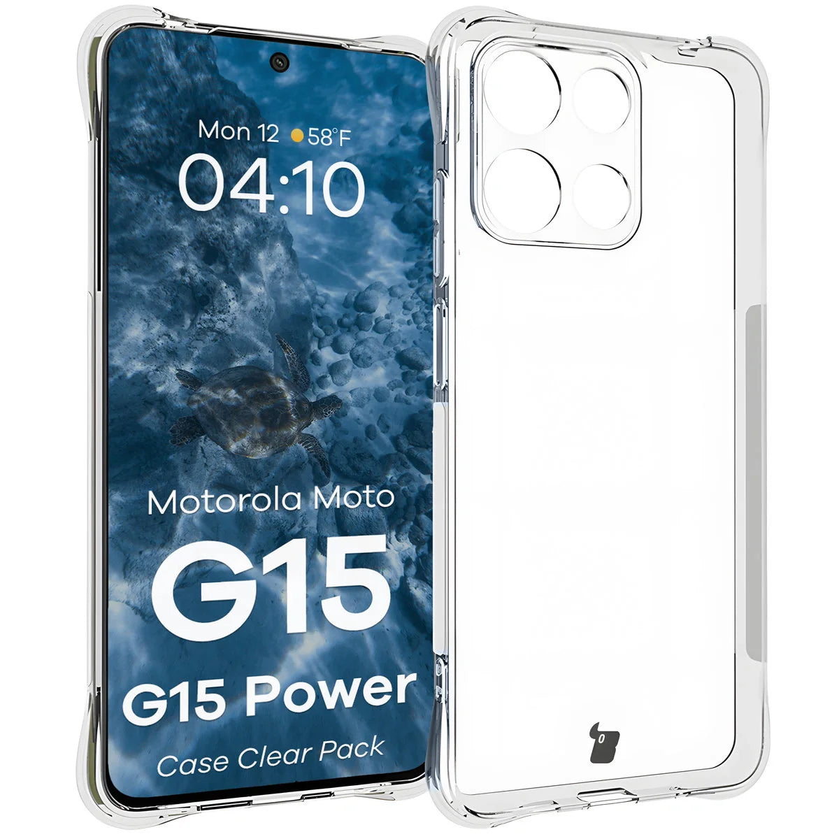 Schutzhülle + 2x gehärtetes Glas für Motorola Moto G15 / Power, Bizon Case Clear Pack, Transparent