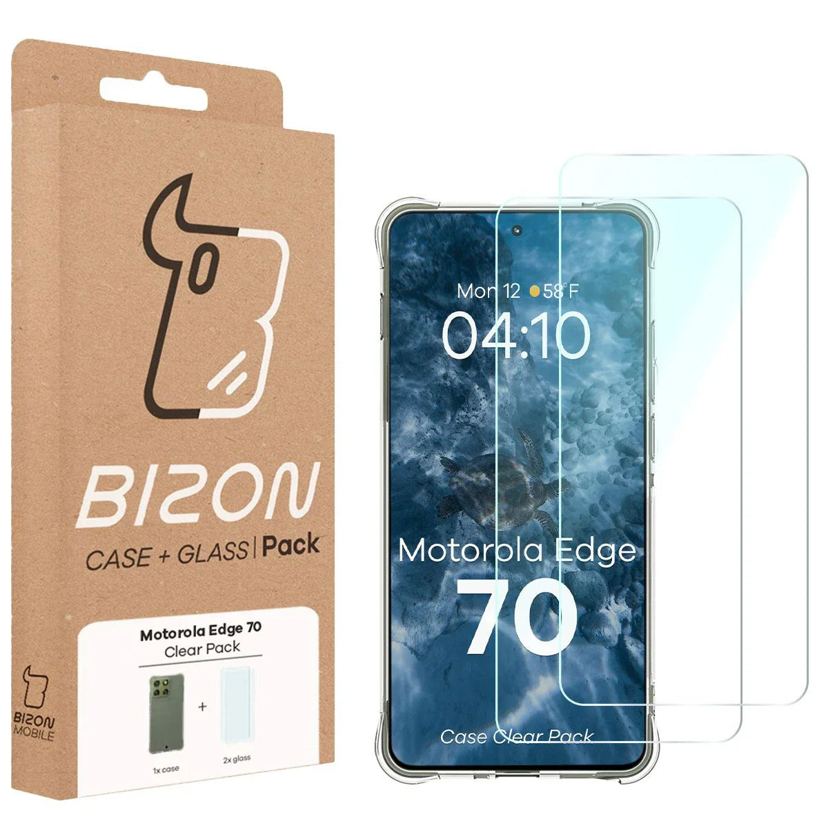 Schutzhülle + 2x gehärtetes Glas für Motorola Edge 70, Bizon Case Clear Pack, Transparent