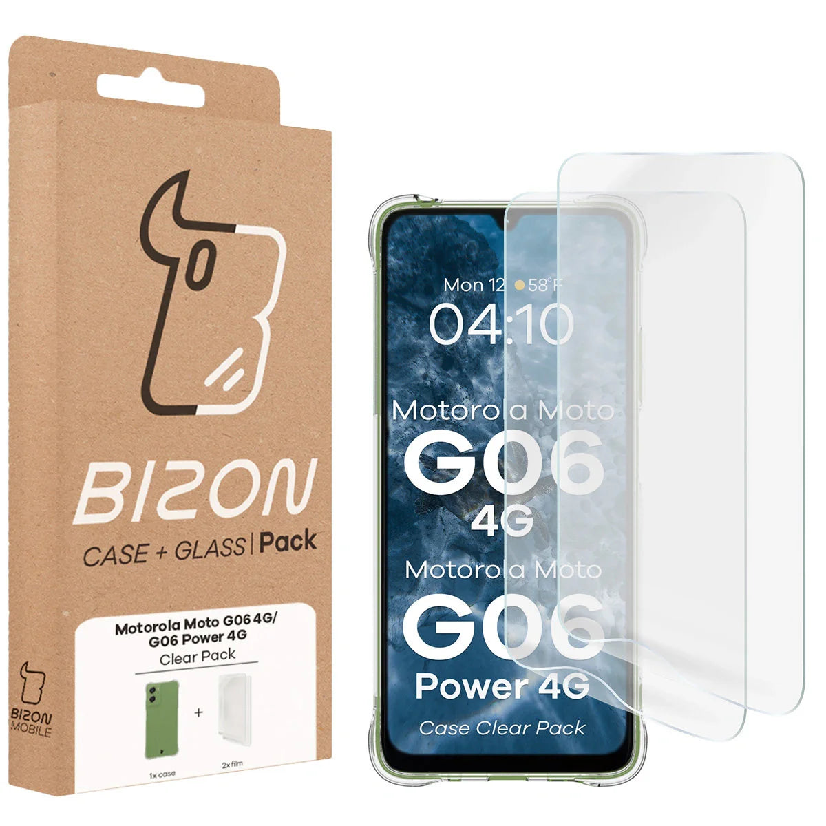 Handyhülle + 2x Folie für Motorola Moto G06 4G / G06 Power 4G, Bizon Case Clear Pack, Transparent