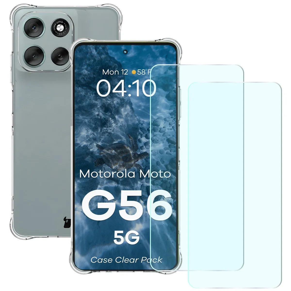 Schutzhülle + 2x gehärtetes Glas für Motorola Moto G56 5G, Bizon Case Clear Pack, Transparent